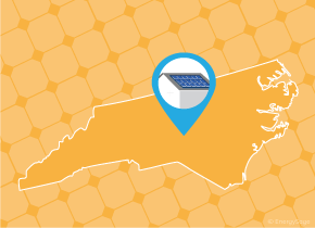Simple map of North Carolina with a map pin showing a roof with installed solar panels